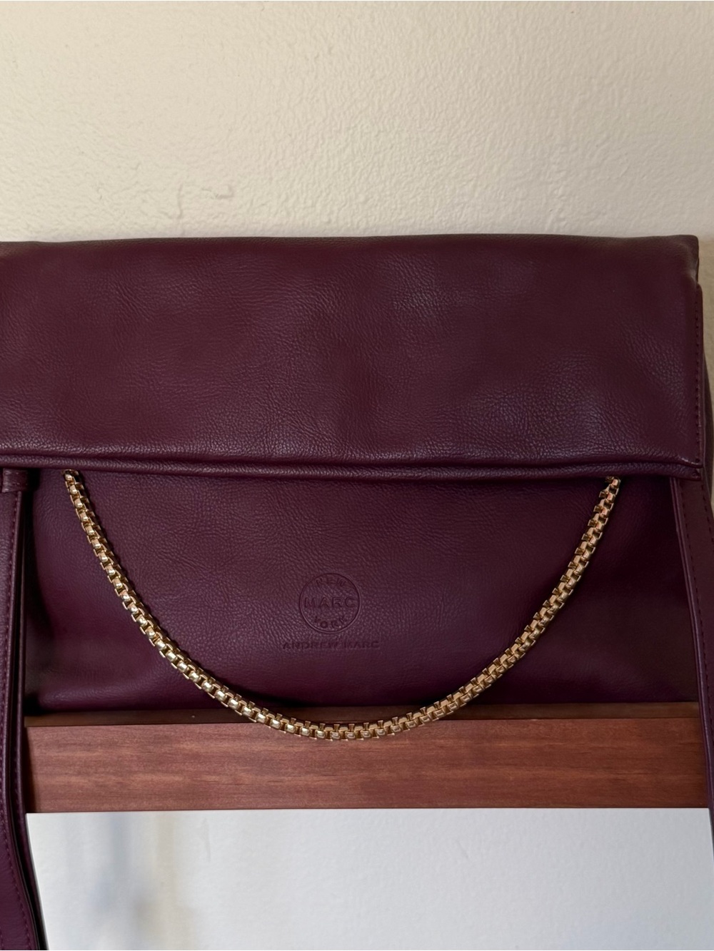 Andrew Marc Wine Leather Shoulder Bag with Gold Chain